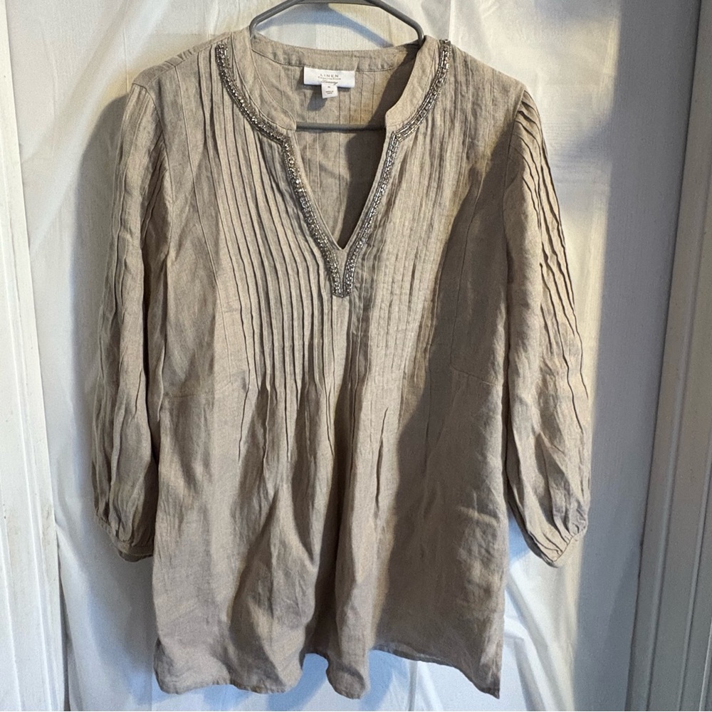 Charter Club Linen Luxury Top Women’s Sz Med Tan Rhinestones 3/4 Sleeves Capsule